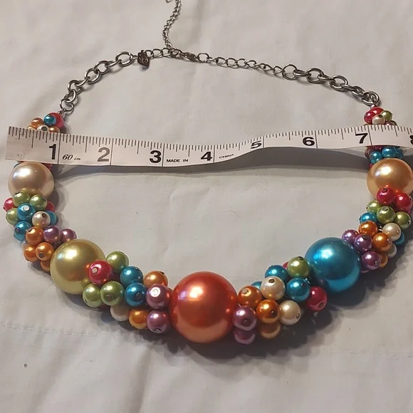 Fun rainbow bead statement necklace & Bright Pink Iridescent Layering Necklace - Picture 6 of 11